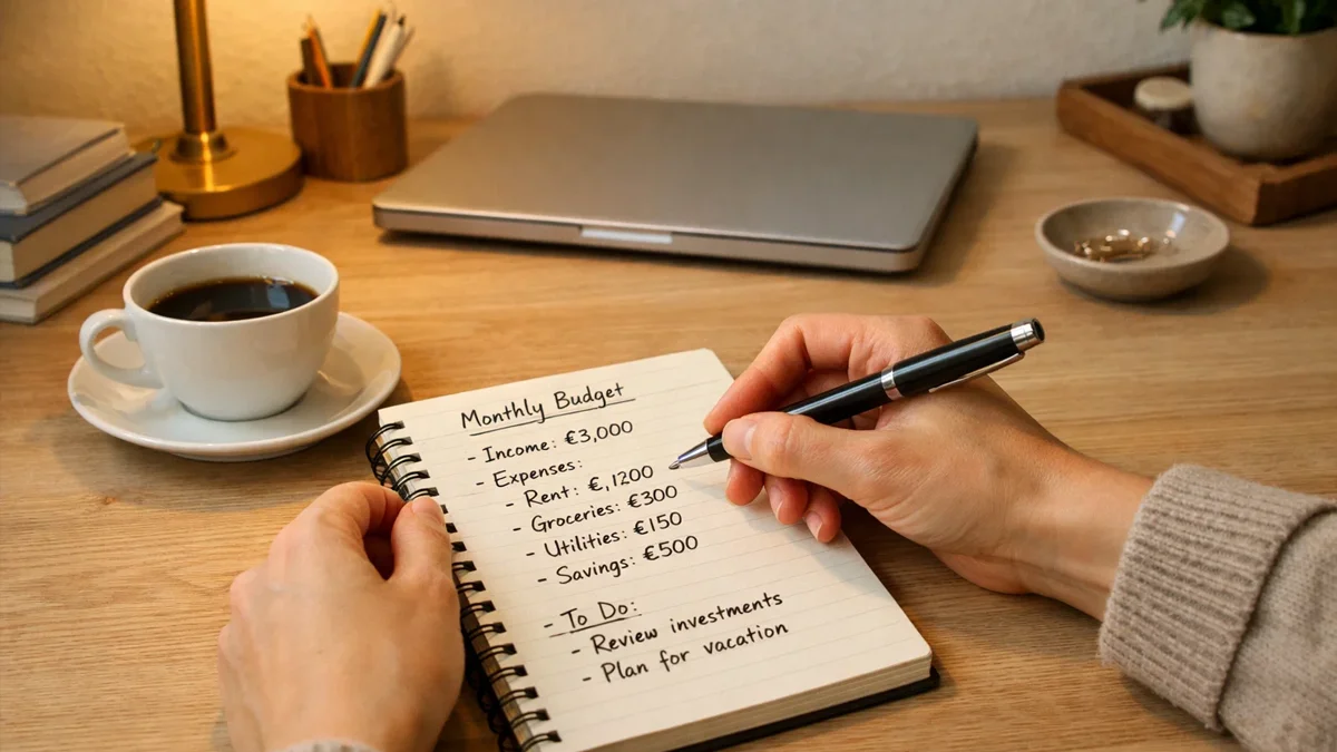 Person plant Budget mit Notizbuch und Stift am Schreibtisch