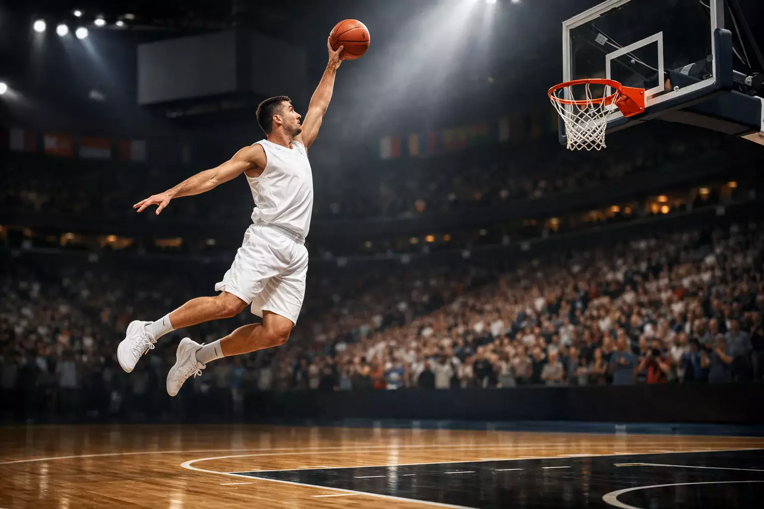 Basketballspieler im Nationaltrikot beim Wurf in einer vollen Turnierhalle