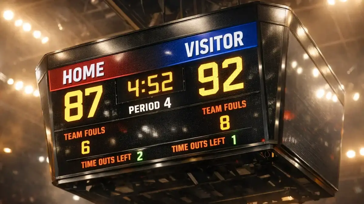 Anzeigetafel in einer Basketballarena zeigt den Spielstand eines spannenden Spiels