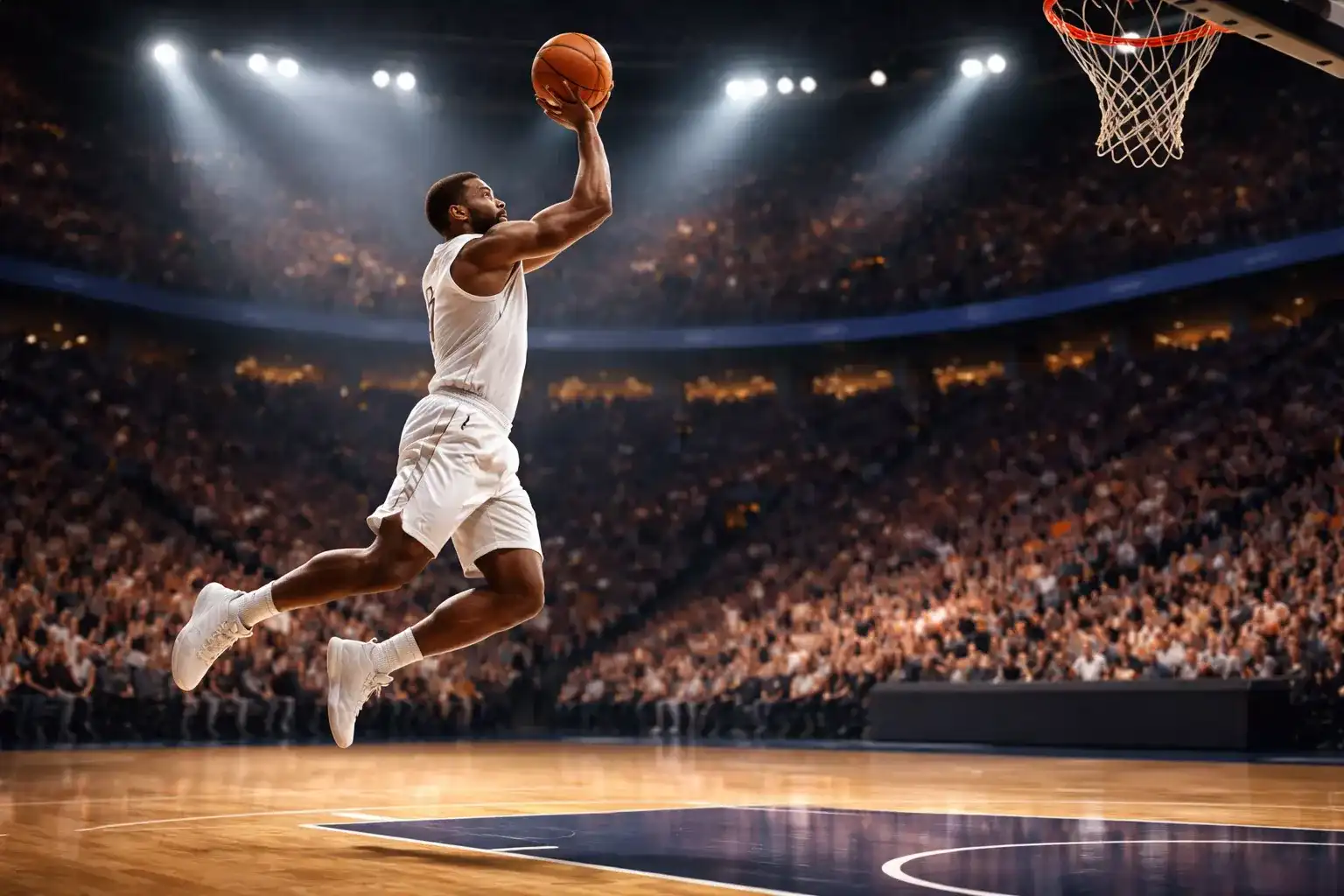 Basketballspieler beim Wurf auf den Korb während eines NBA-Spiels in einer Arena