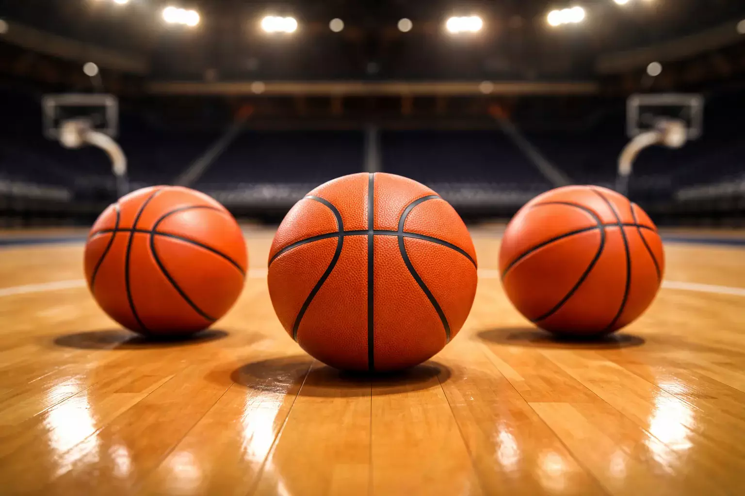 Basketbälle nebeneinander auf einem Hallenparkett mit Arenabeleuchtung