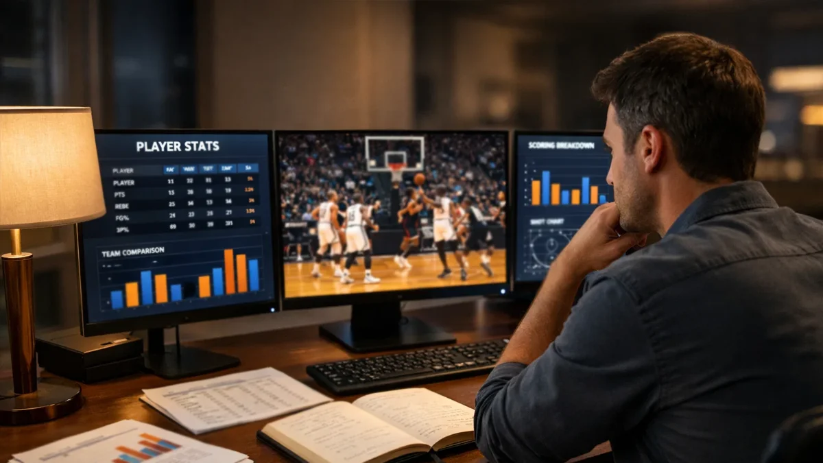 Sportanalyst studiert mehrere Basketballspiele auf Bildschirmen