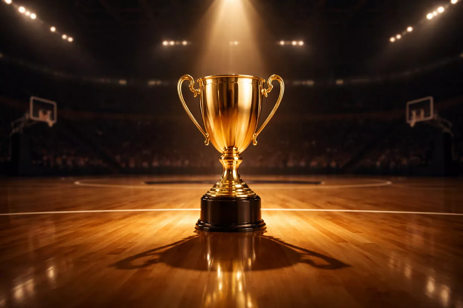 Goldener Meisterpokal auf einem Basketballfeld mit Scheinwerferlicht von oben