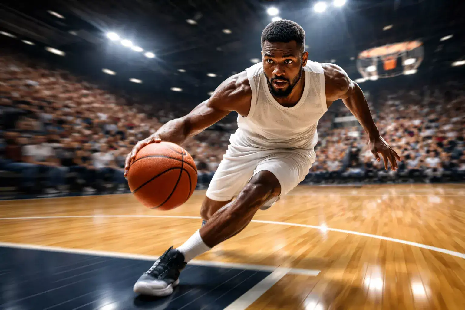 Dynamische Spielszene im Basketball mit Bewegungsunschärfe und leuchtender Anzeigetafel
