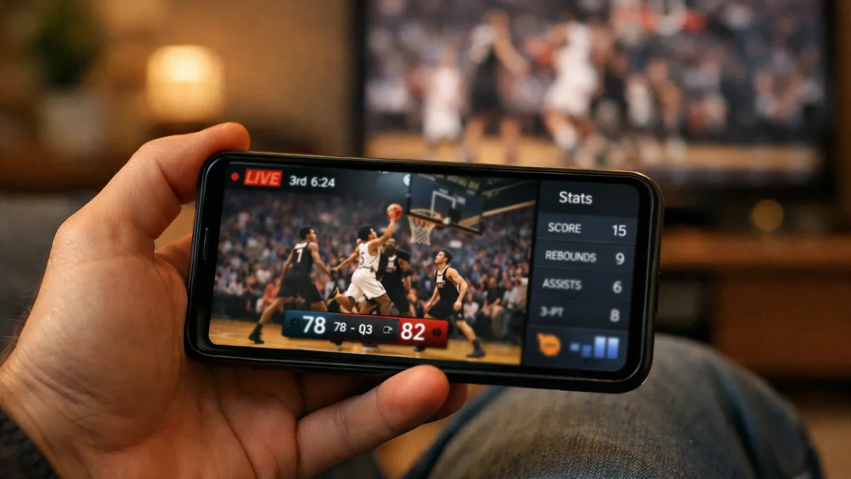 Nahaufnahme eines Smartphones mit Live-Basketballspiel und Wettquoten auf dem Bildschirm