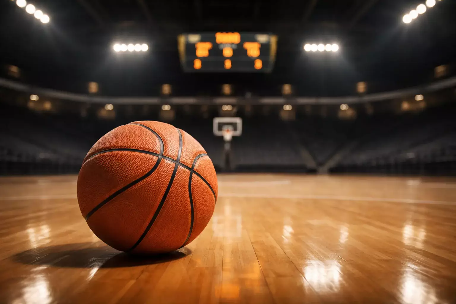 Basketball auf dem Spielfeld mit leuchtender Anzeigetafel und Quoten im Hintergrund