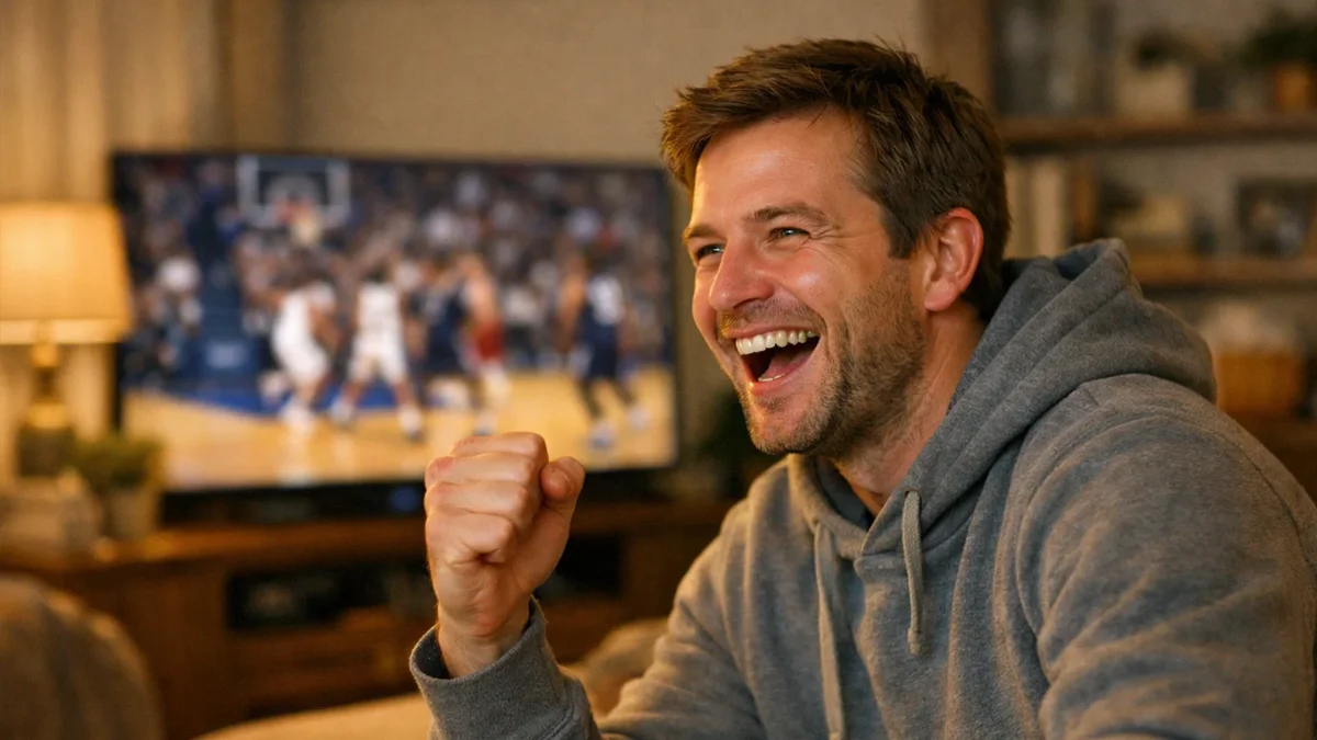 Zufriedener Sportfan feiert einen erfolgreichen Moment vor dem Fernseher