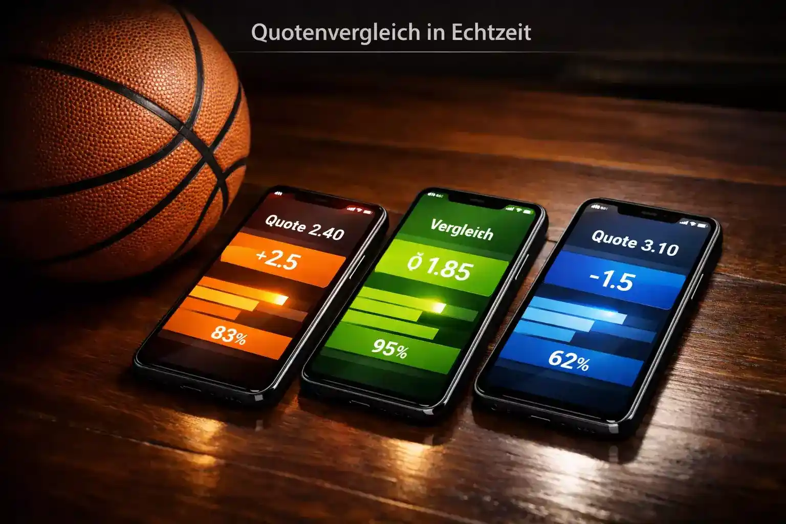 Mehrere Smartphones nebeneinander zeigen verschiedene Basketball-Wettquoten