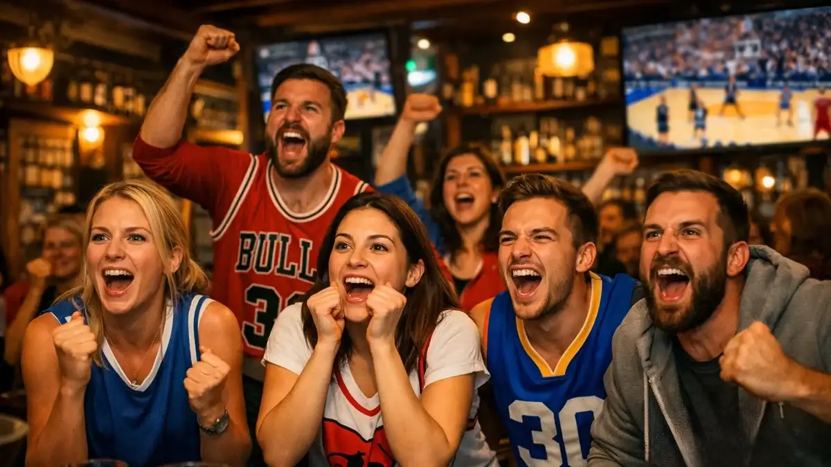 Basketballfans verfolgen gespannt ein Spiel auf einem großen Bildschirm