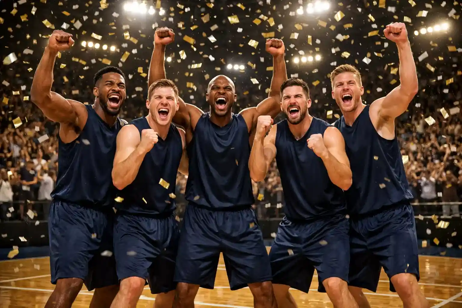 Jubelnde Basketballmannschaft nach einem Sieg auf dem Spielfeld in der Arena