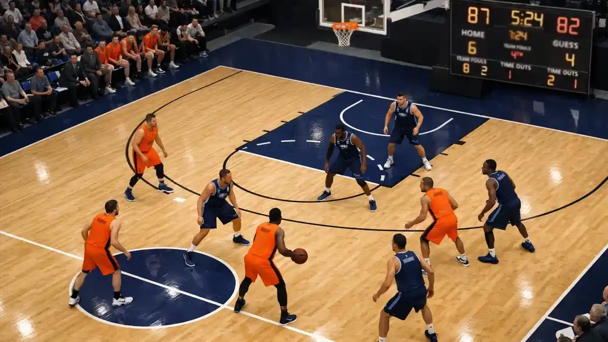 Übersicht eines professionellen Basketballspielfelds mit Spielern in Aktion