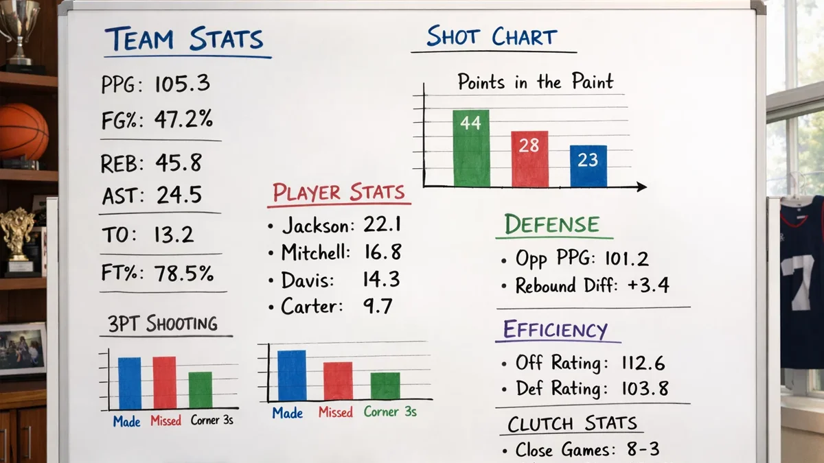 Whiteboard mit Basketballstatistiken und Spielerleistungsdaten