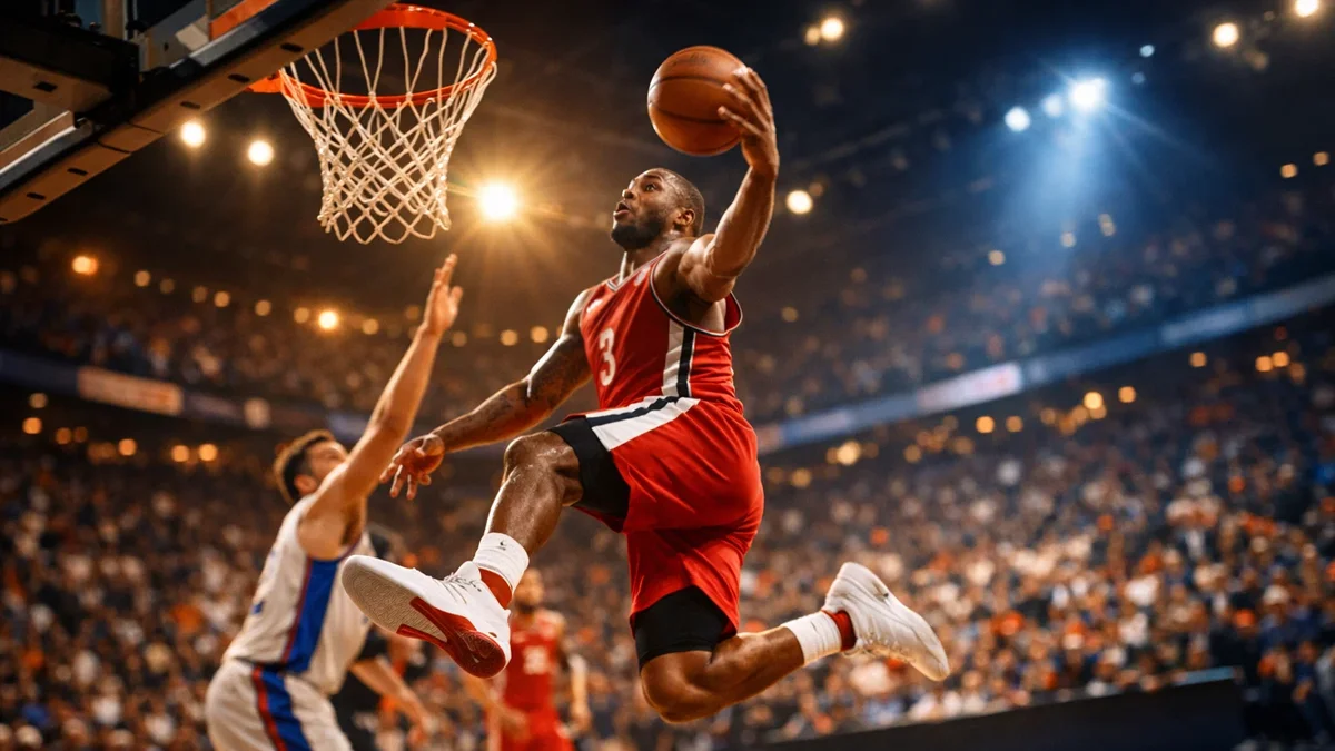 Dynamische Szene eines professionellen Basketballspiels in einer Arena