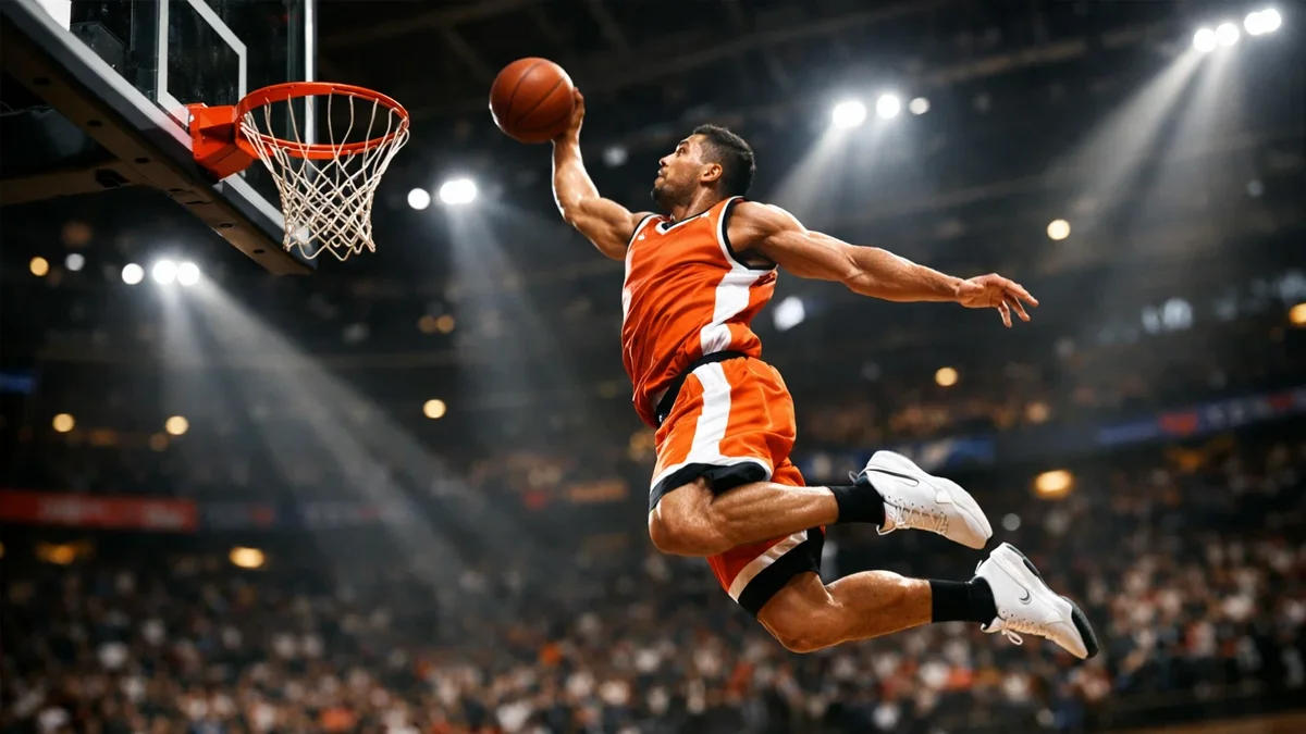 Basketballspieler beim Dunking in einer modernen Arena mit dynamischer Beleuchtung