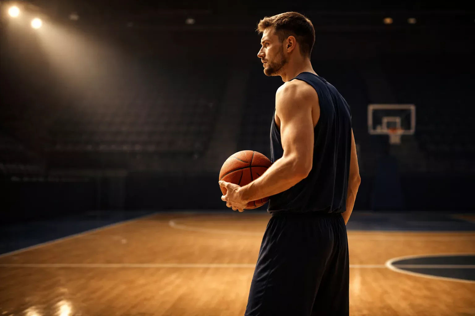 Basketballspieler analysiert das Spielfeld aus strategischer Perspektive in einer Arena