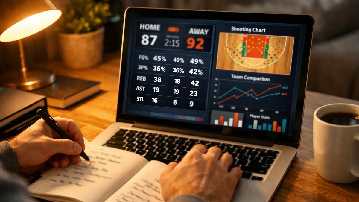 Person analysiert Basketballstatistiken auf einem Laptop mit Notizen