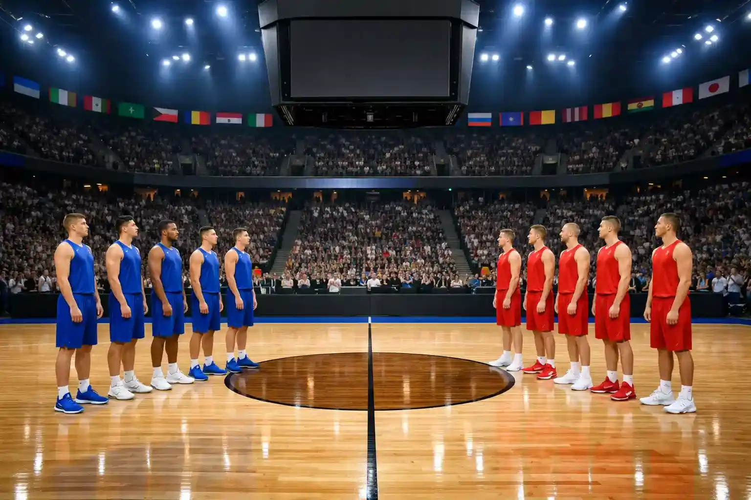 Nationalmannschaften beim Einlauf in eine große Basketball-WM-Arena mit Länderflaggen
