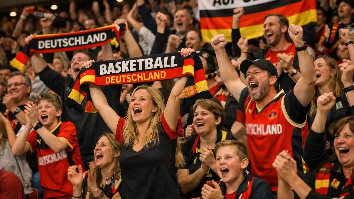 Begeisterte Basketballfans in einer deutschen Halle mit Schals und Bannern
