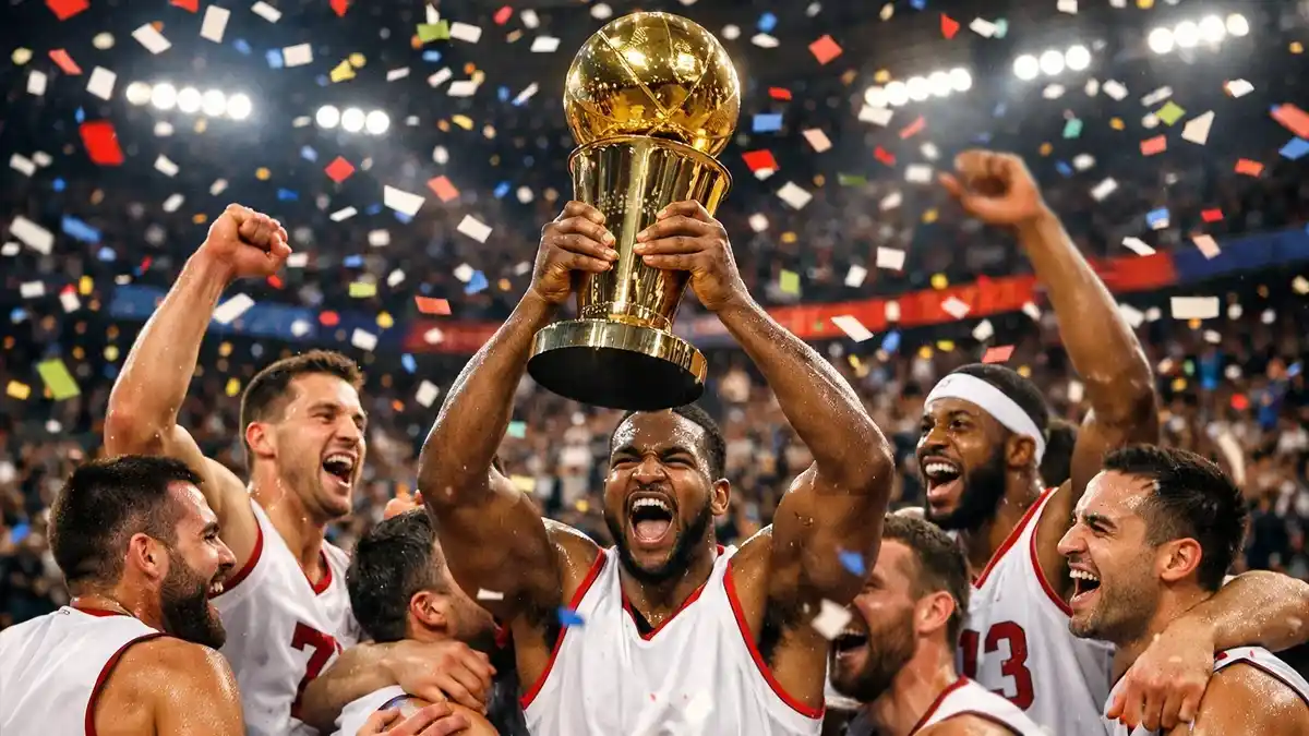 Basketballteam feiert mit Pokal und Konfetti in einer Sporthalle