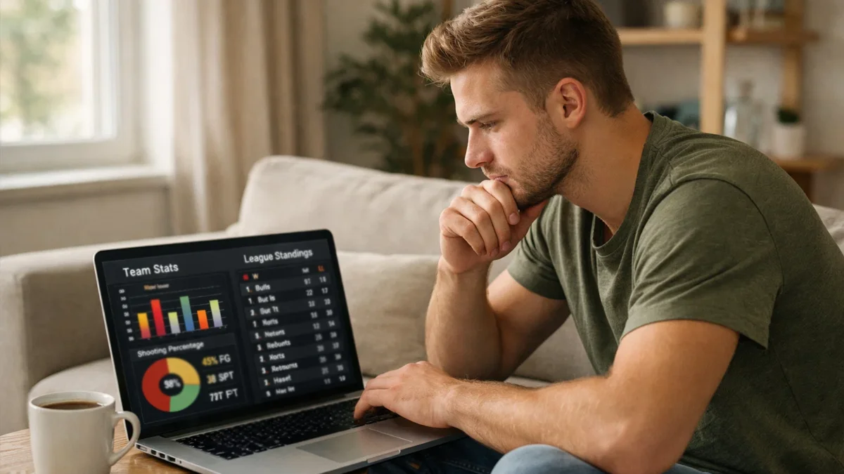 Mann analysiert Basketballstatistiken auf einem Laptop in einem Wohnzimmer