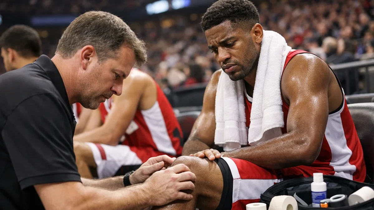 Basketballspieler sitzt auf der Bank und wird vom Physiotherapeuten am Knie behandelt