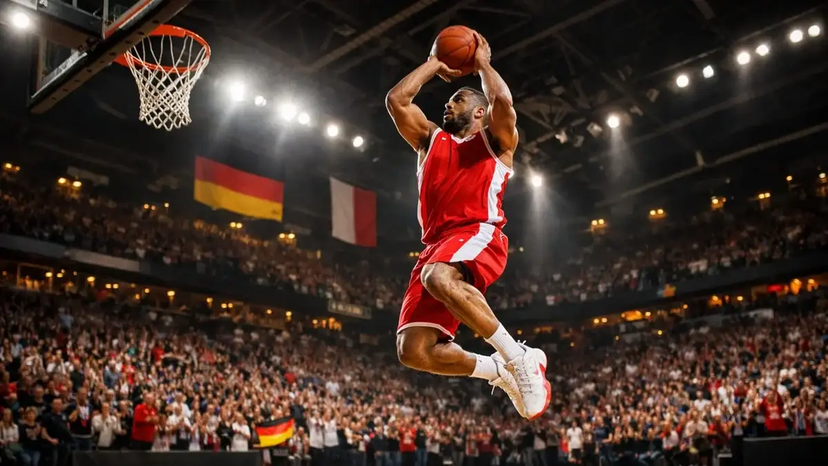 Basketballspieler in deutscher Bundesliga-Halle beim Sprungwurf