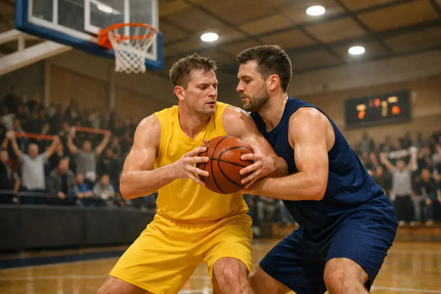 Basketballspiel in einer deutschen Sporthalle mit begeisterten Fans auf der Tribüne