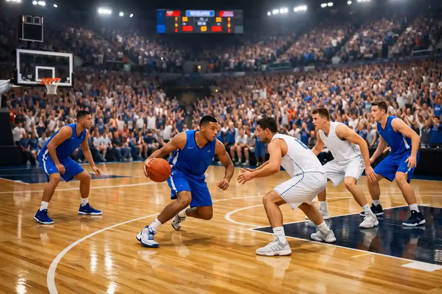 Volle College-Basketball-Arena mit begeisterten Studenten und Spielern auf dem Court