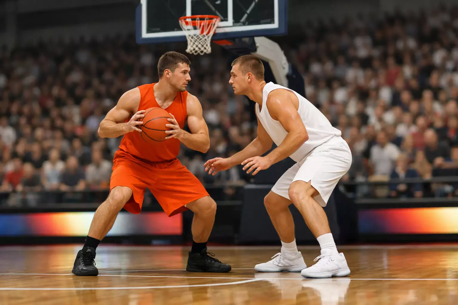 Basketballspiel in einer europäischen Halle mit Fans und Vereinswappen an der Bande