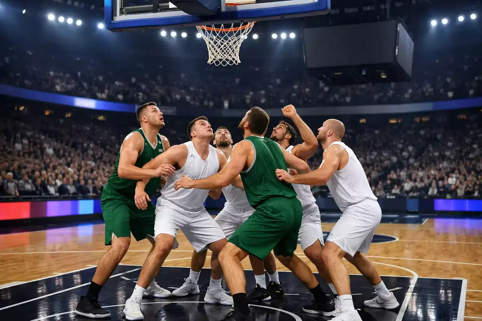 Europäisches Basketballspiel in einer modernen Arena mit leuchtenden Sponsorentafeln