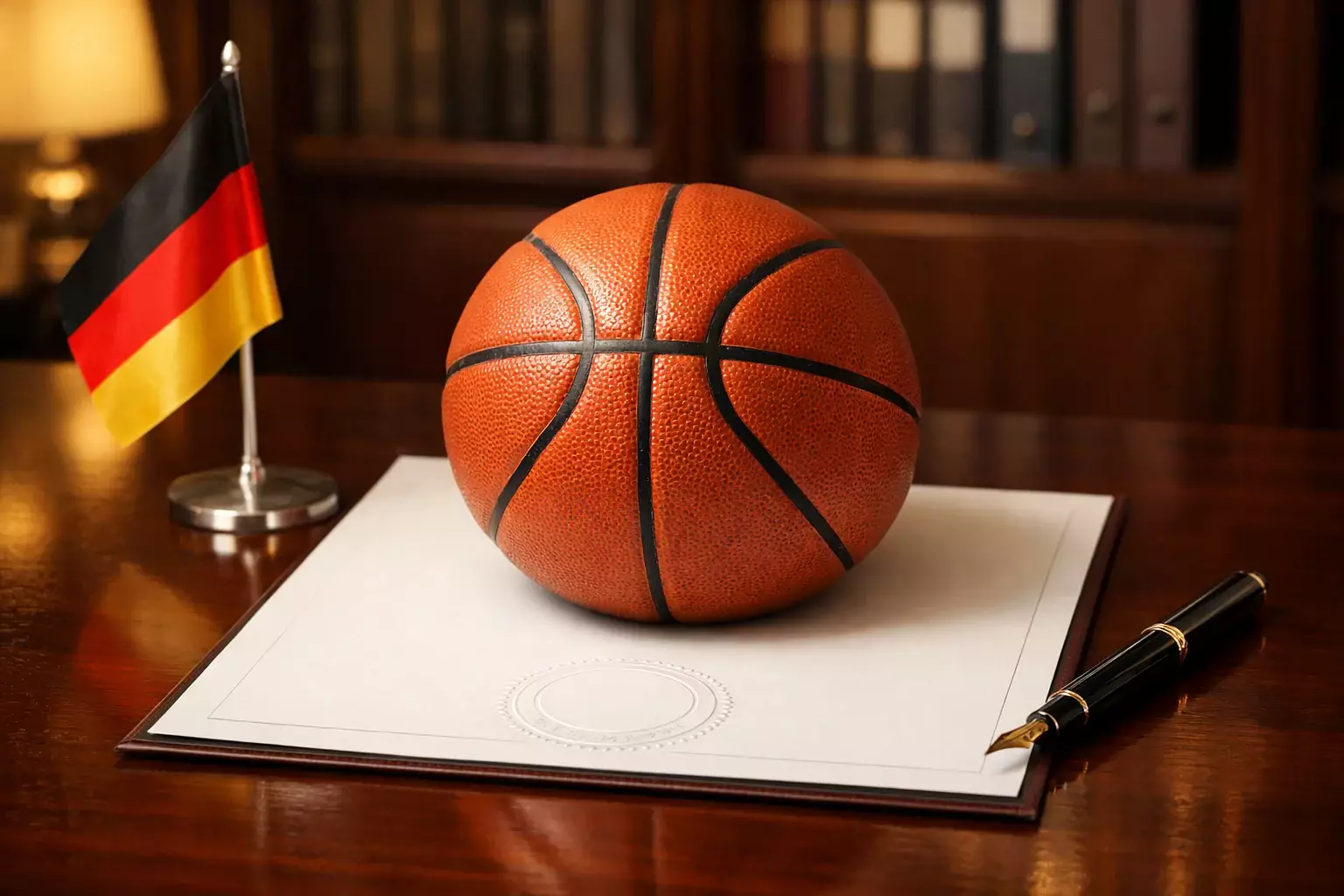 Deutsche Flagge neben einem Basketball auf einem offiziellen Dokument