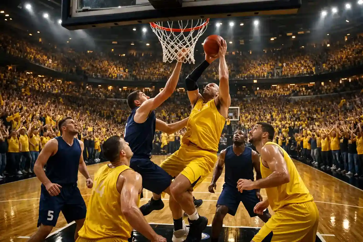 Volle Basketballhalle mit jubelnden Heimfans und Spielern auf dem beleuchteten Court