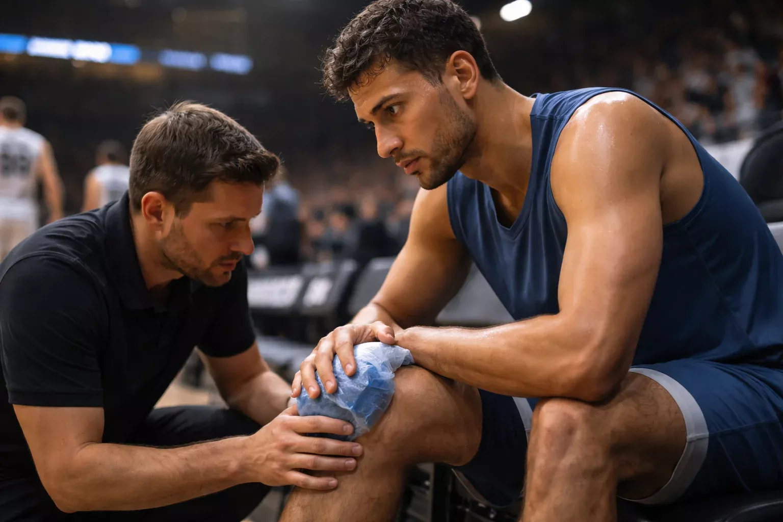 Basketballspieler auf der Bank mit Eisbeutel am Knie während eines Spiels