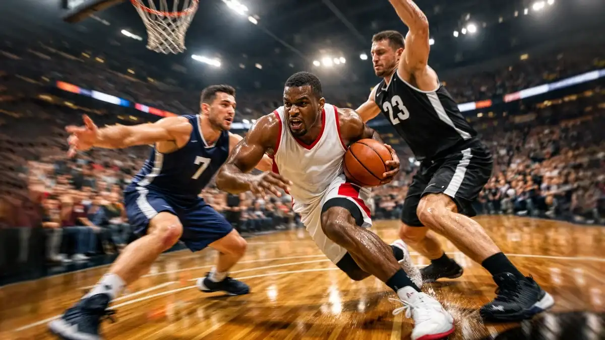 Basketballspieler in Aktion während eines intensiven Spiels mit jubelnden Fans im Hintergrund