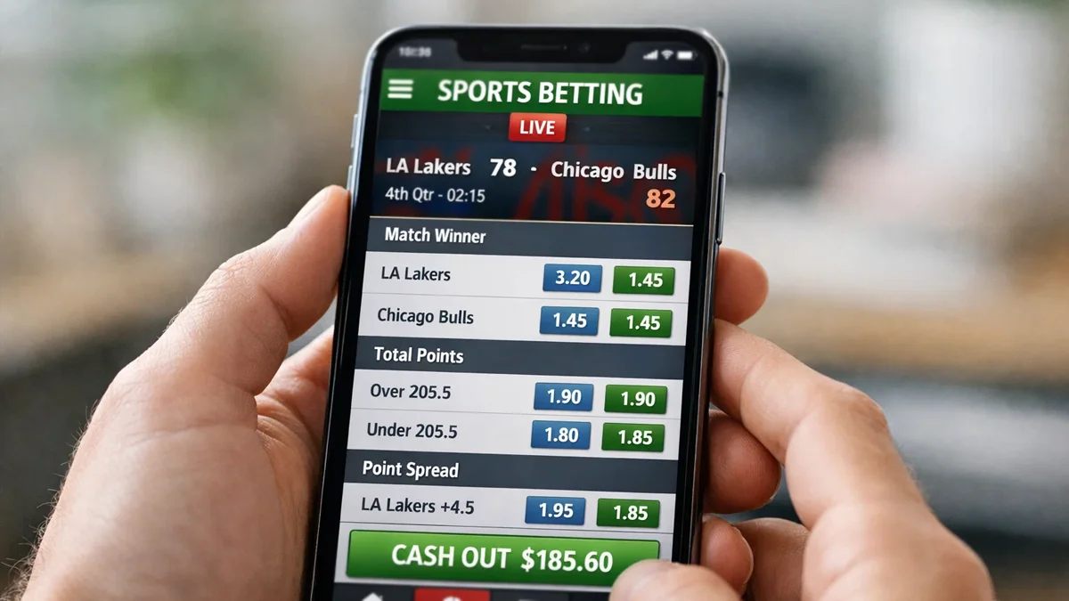 Hände halten ein Smartphone mit einer Sportwetten-App und Cash-Out-Option