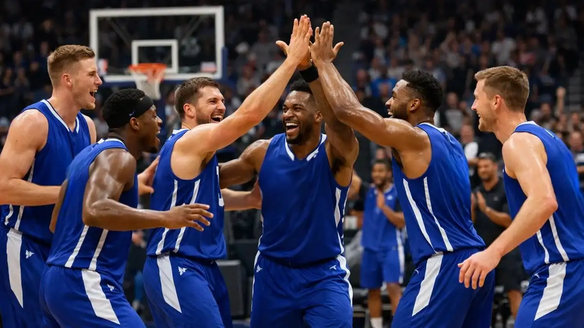 Basketballteam feiert einen erfolgreichen Spielzug auf dem Spielfeld