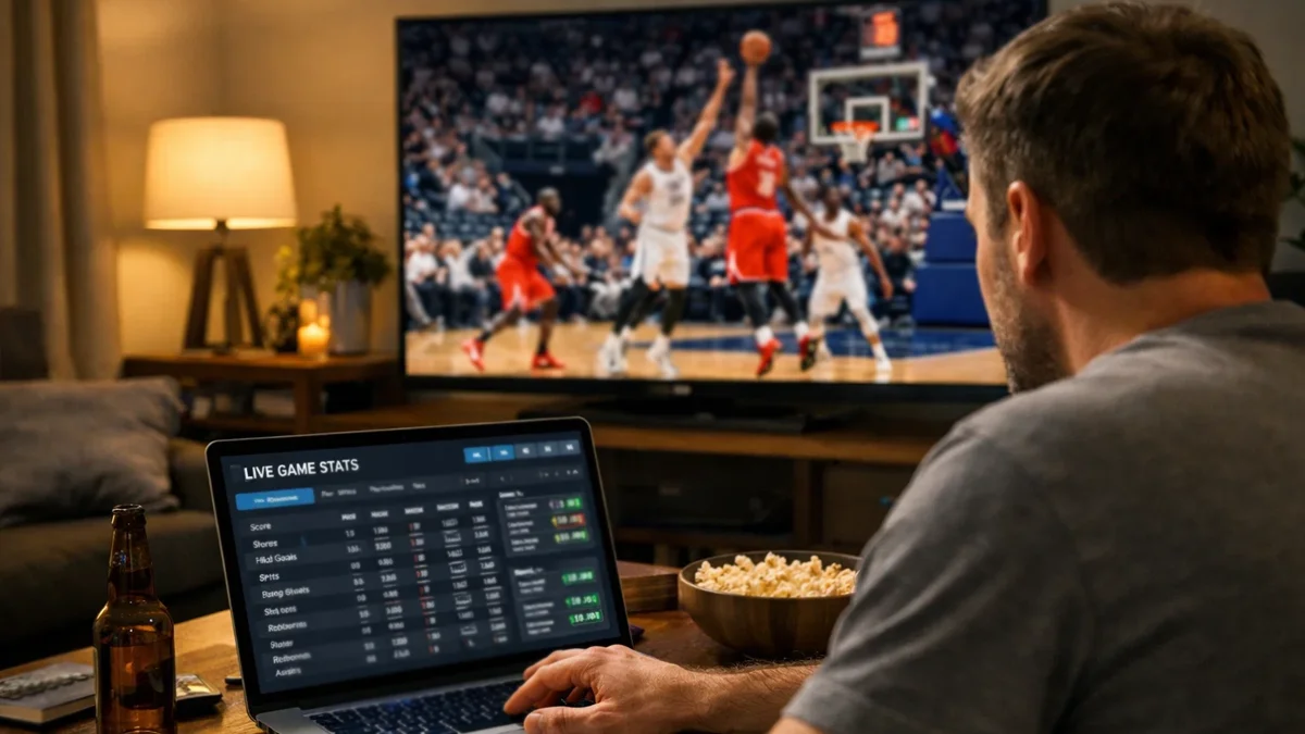 Person verfolgt ein Basketballspiel auf einem großen Fernseher mit Laptop daneben für Statistiken