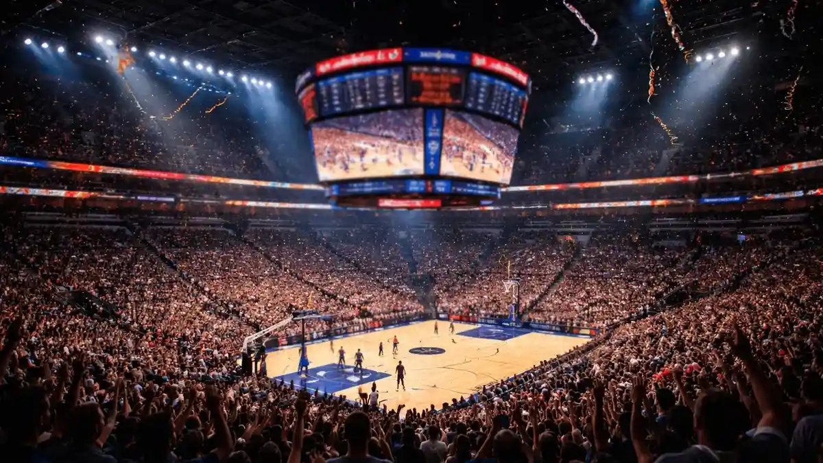 Volle NBA-Arena während eines spannenden Spiels mit jubelnden Fans