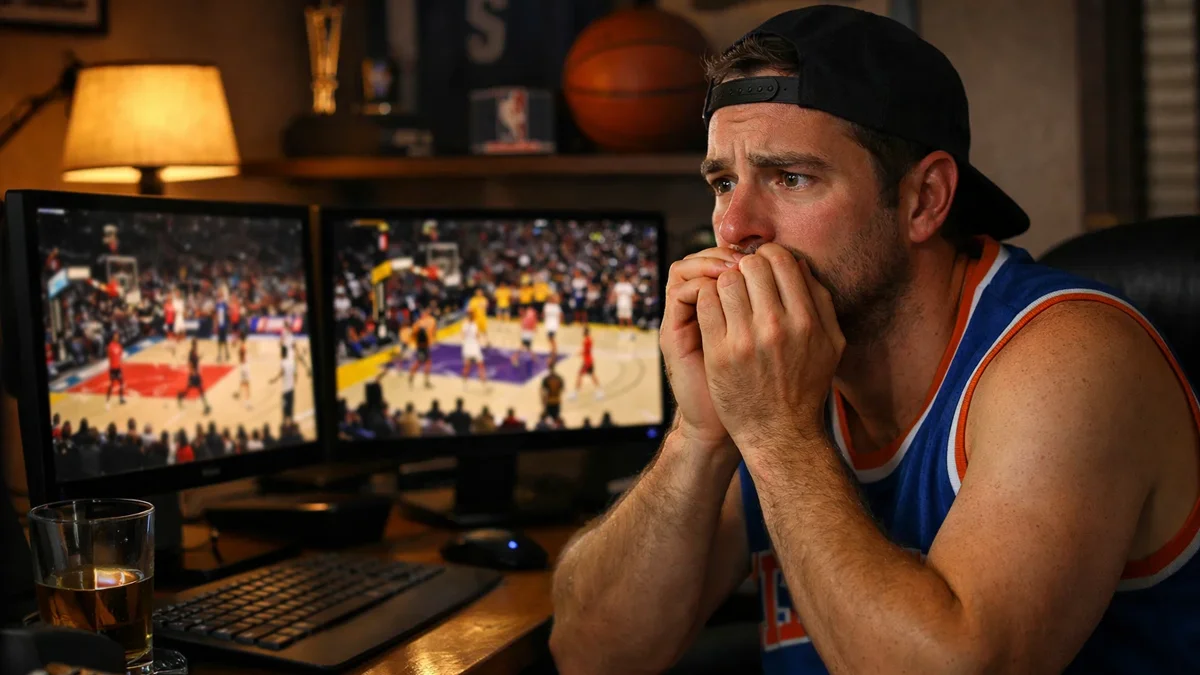 Basketballfan mit besorgtem Gesichtsausdruck schaut auf mehrere Bildschirme mit NBA-Spielen