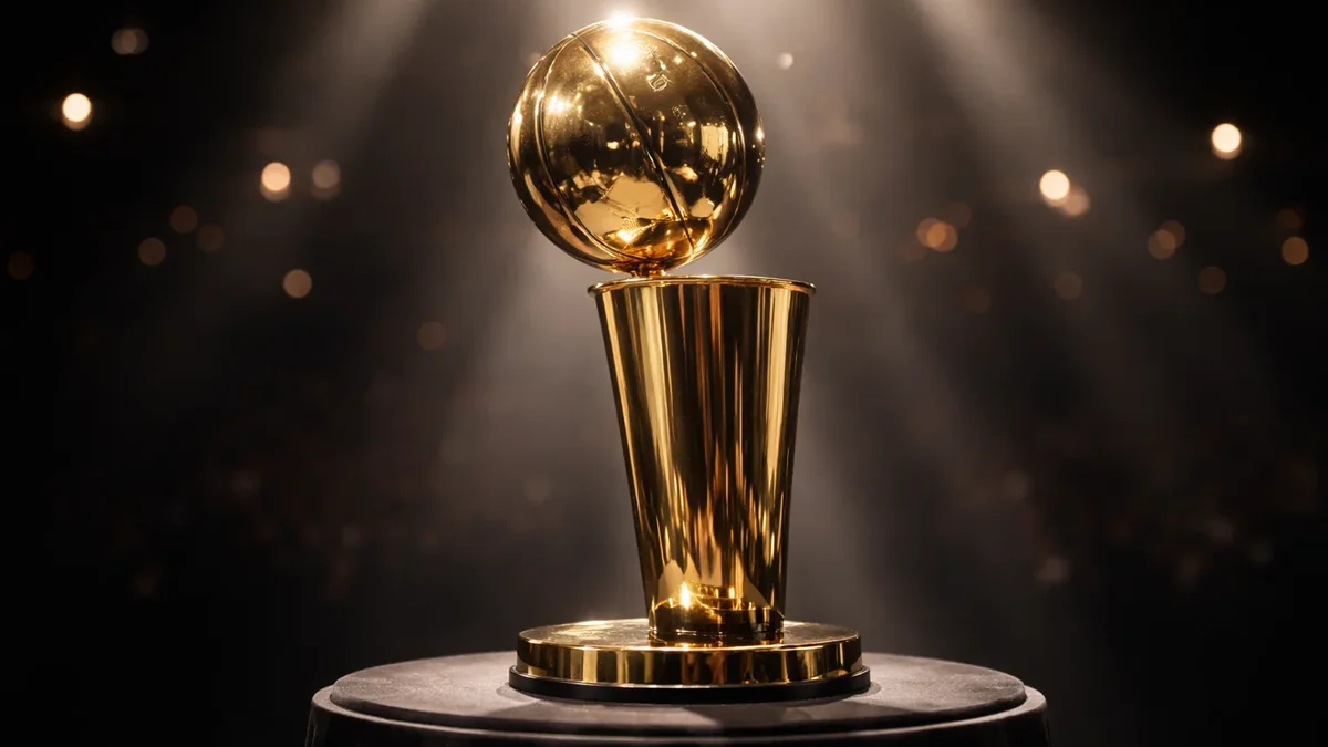 NBA-Meisterschaftspokal Larry O'Brien Trophy auf einem Podest mit Scheinwerferlicht