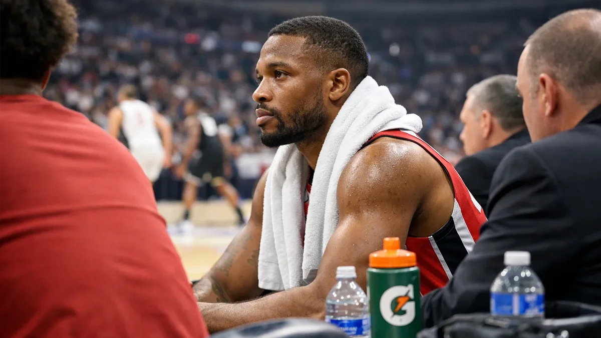 NBA-Spieler auf der Bank sitzend mit einem Handtuch um die Schultern, während seine Teamkollegen spielen