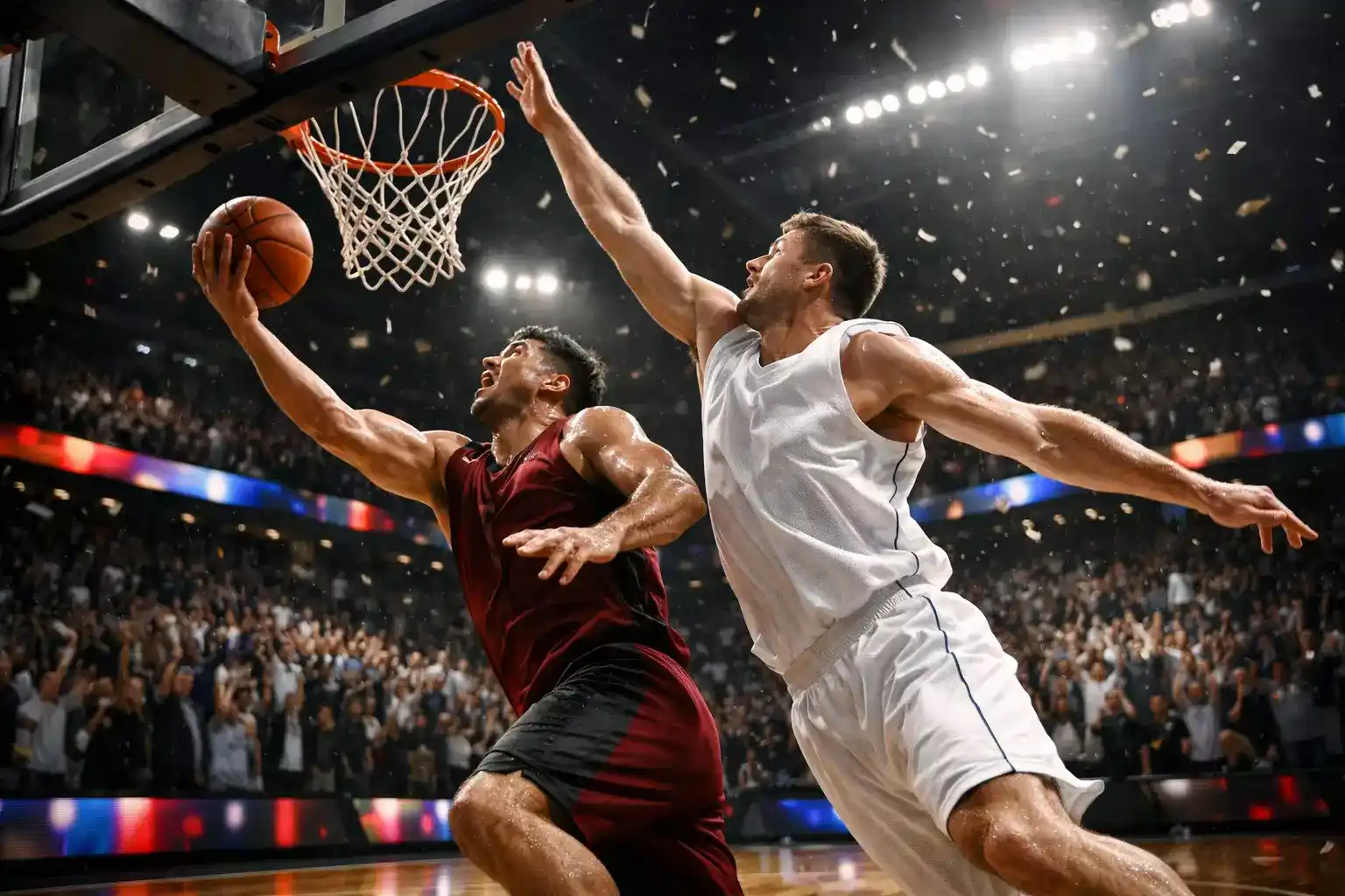 Intensive NBA-Playoff-Szene mit Spielern beim Zweikampf unter dem Korb in voller Arena