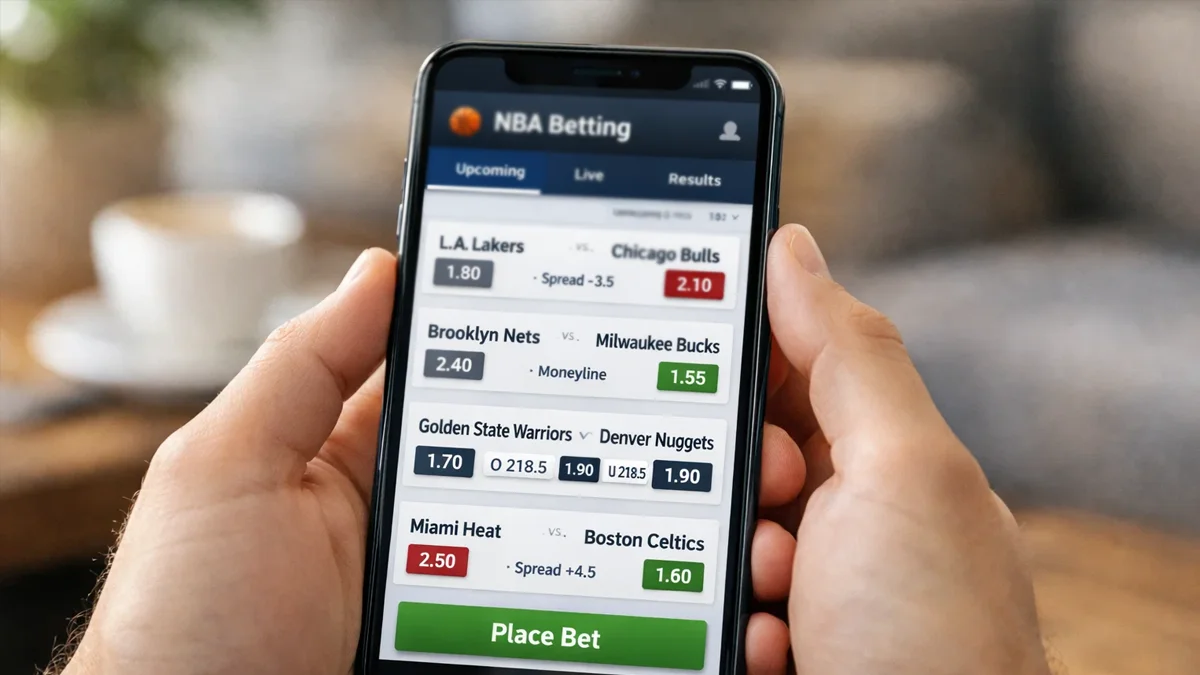 Nahaufnahme eines Smartphones mit einer Sportwetten-App und NBA-Spielen