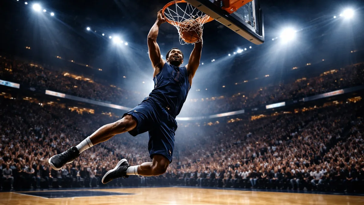 NBA-Spieler beim spektakulären Dunk in einer ausverkauften Arena