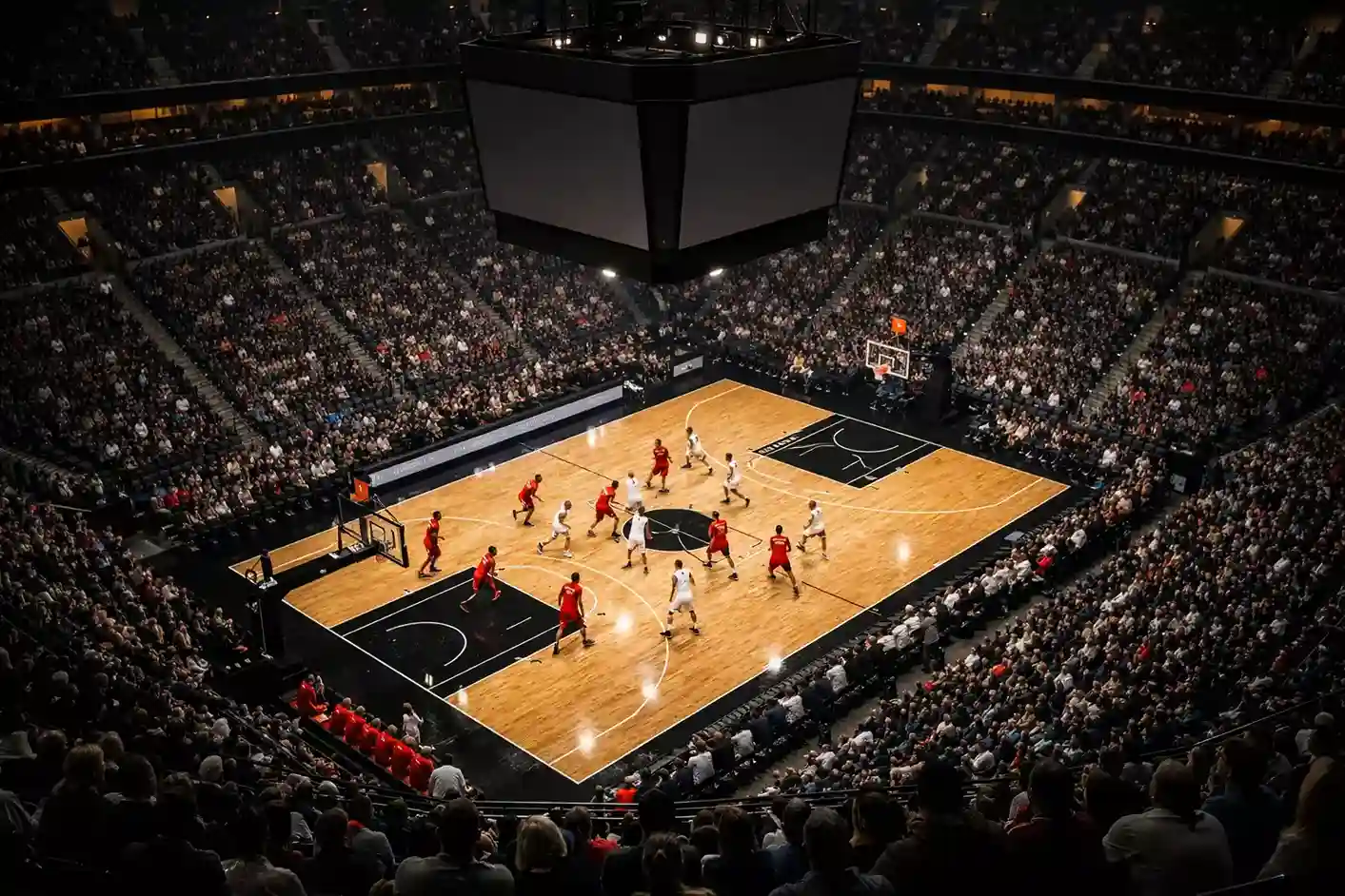 NBA-Basketballspiel in einer voll besetzten amerikanischen Arena bei Nacht