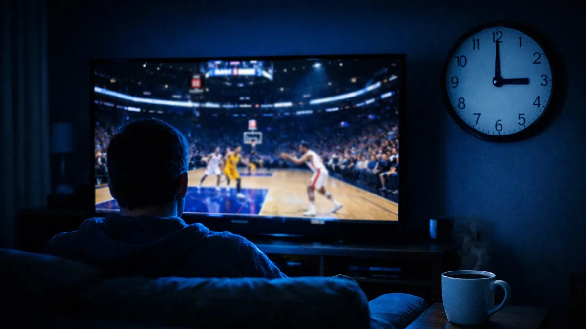 Person schaut nachts auf einen Fernseher mit einem NBA-Spiel