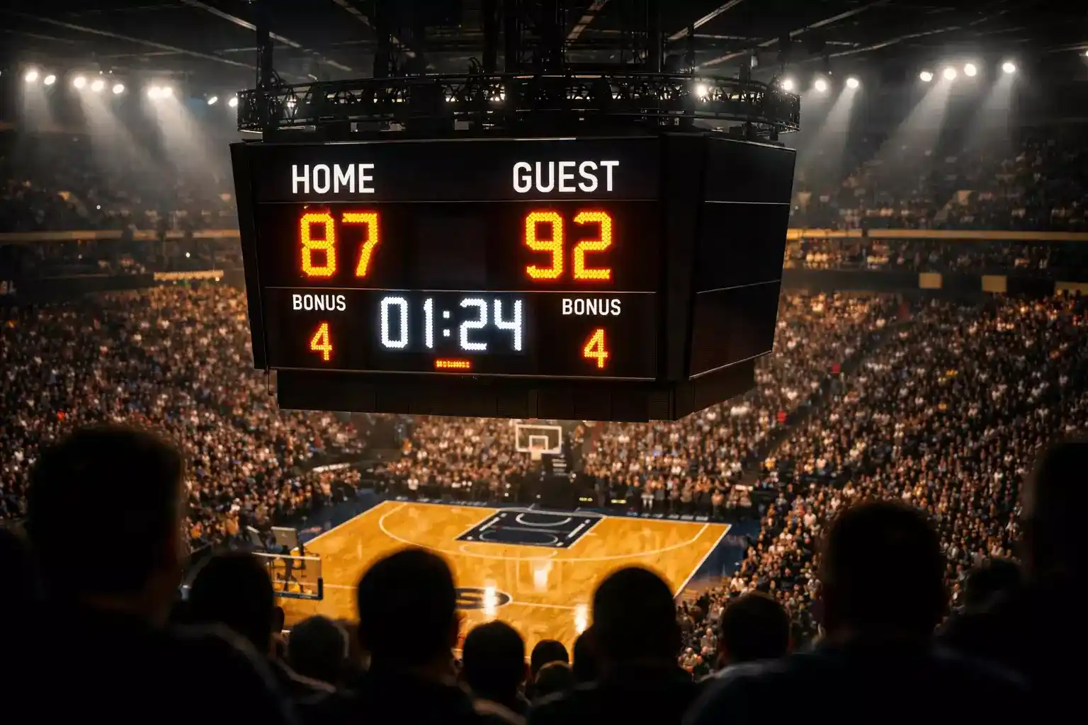 Basketball-Anzeigetafel mit Spielstand und Statistiken in einer beleuchteten Arena