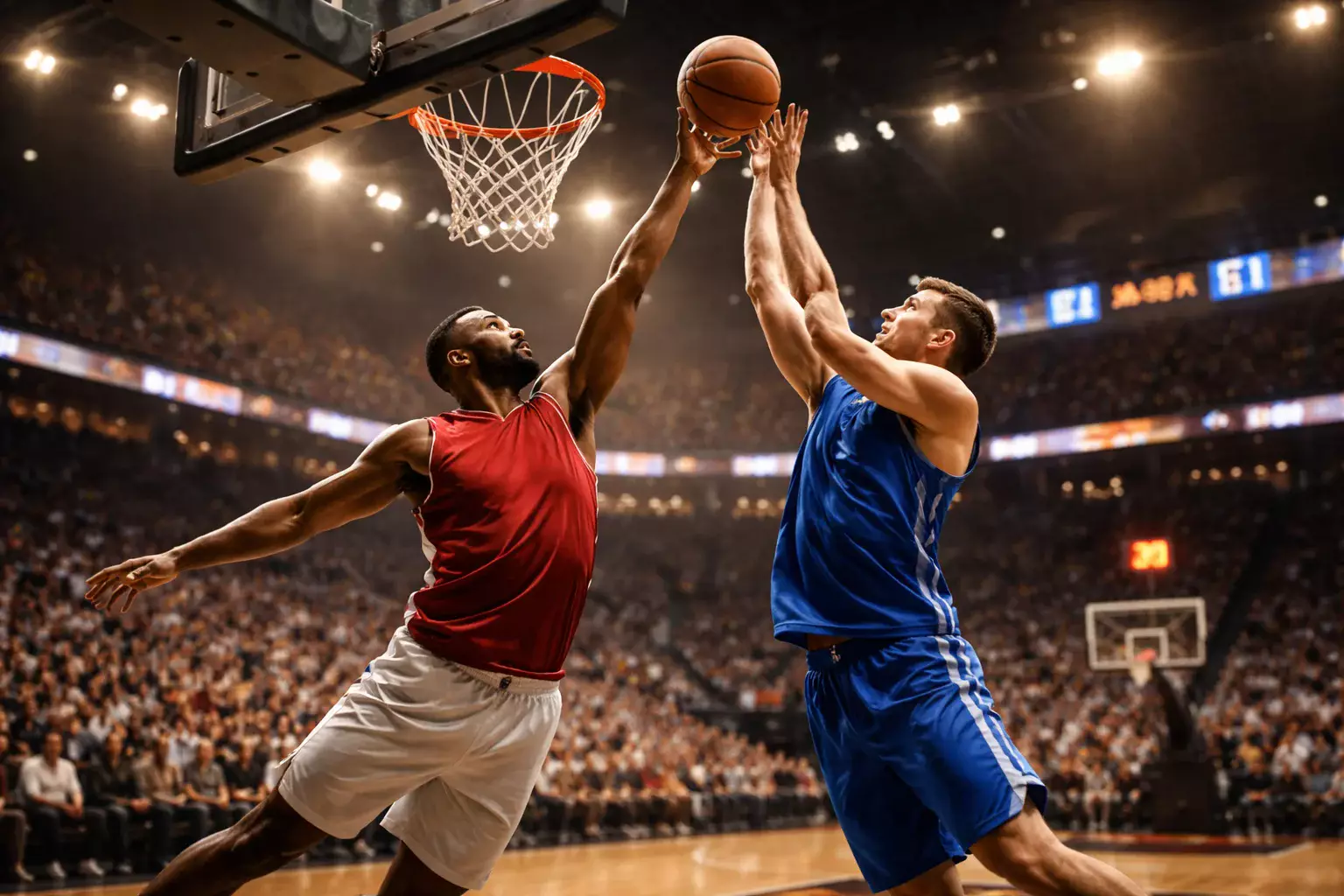 Basketballspiel in einer vollen Arena mit Anzeigetafel und hohem Punktestand