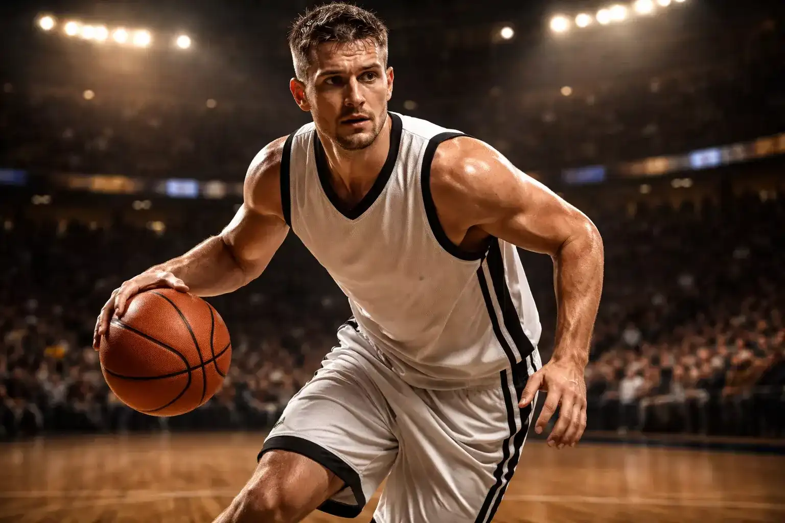 Basketballspieler dribbelt fokussiert zum Korb während eines NBA-Spiels