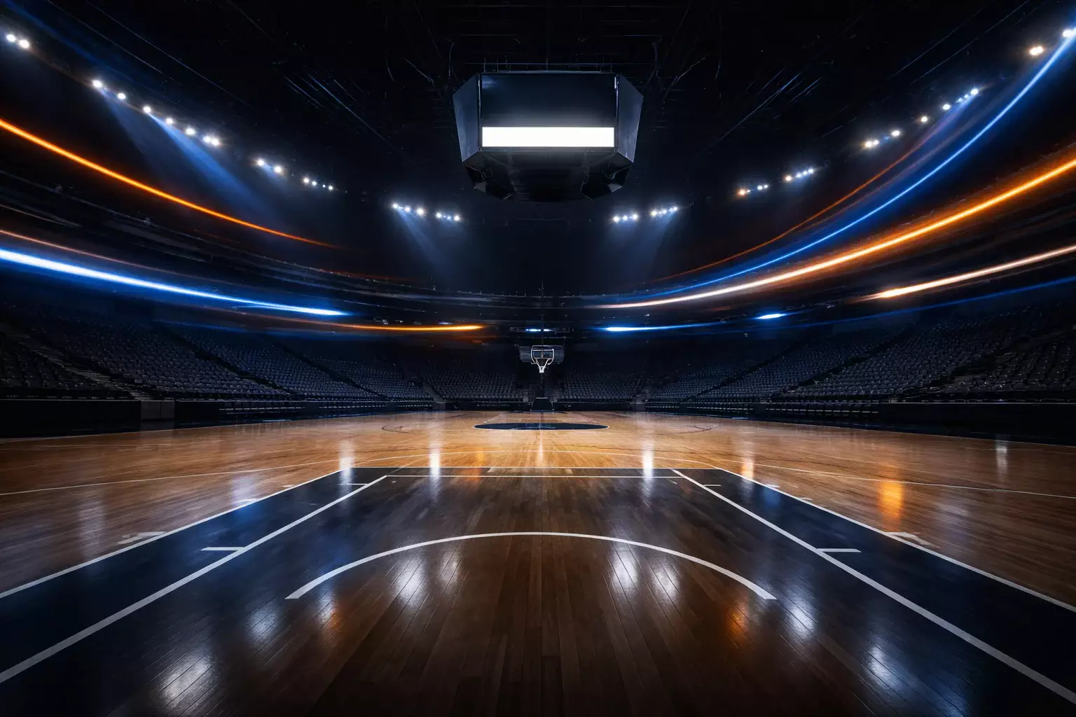 Dynamische Lichtspuren in einer Basketball-Arena symbolisieren Quotenbewegungen